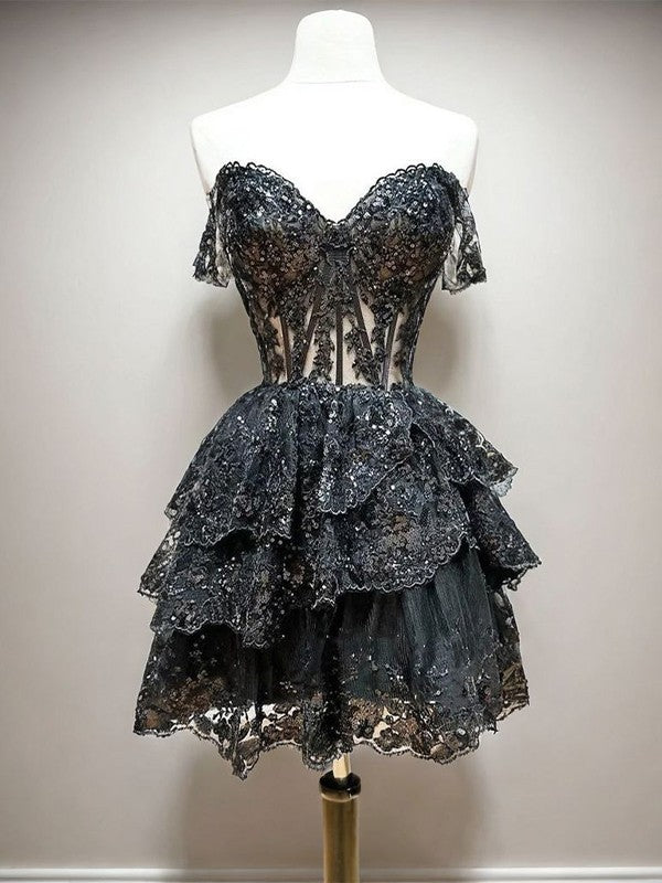 A-line Off-the-Shoulder Appliques Lace Short/Mini Tulle Corset Dress BabaMila