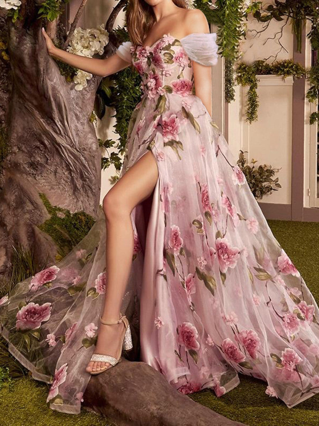 A-Line/Princess Off-The-Shoulder Long Prom Floral Dresses With Split Side BabaMila