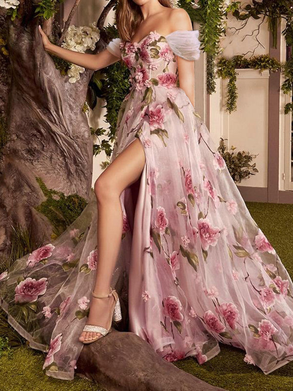 A-Line/Princess Off-The-Shoulder Long Prom Floral Dresses With Split Side BabaMila
