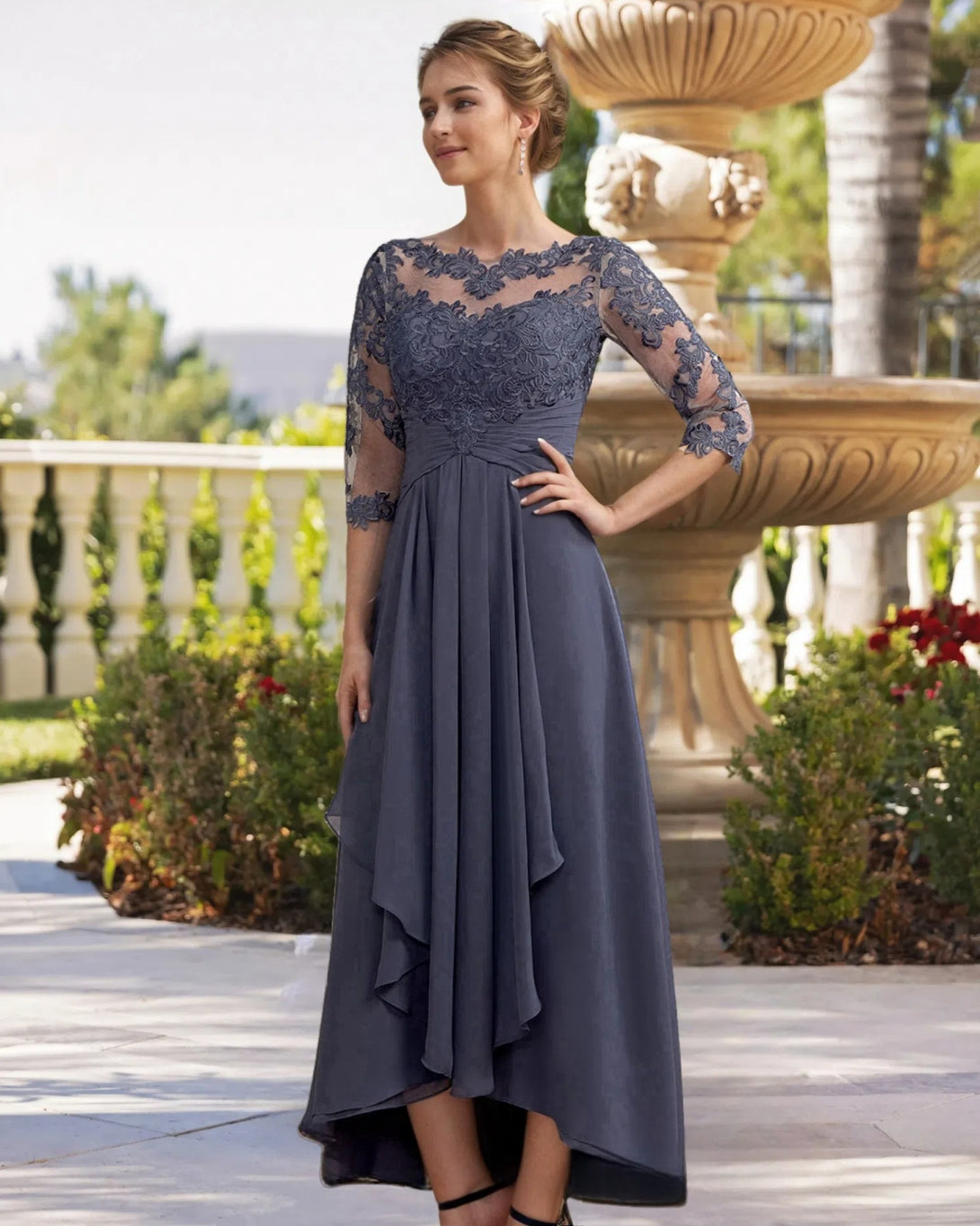 A-line Bateau 3/4 Sleeves Ruffles Asymmetrical Chiffon Lace Mother of the Bride Dress BabaMila
