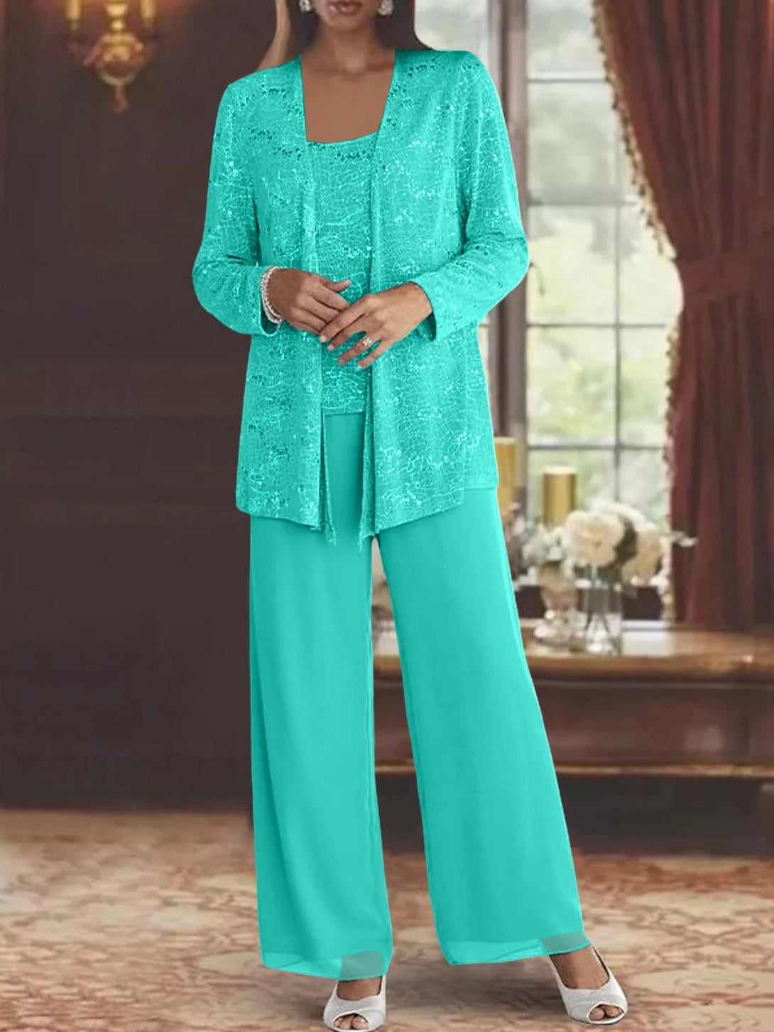 Chiffon Mother Of The Bride Pantsuits With Jacket & Sequins BabaMila