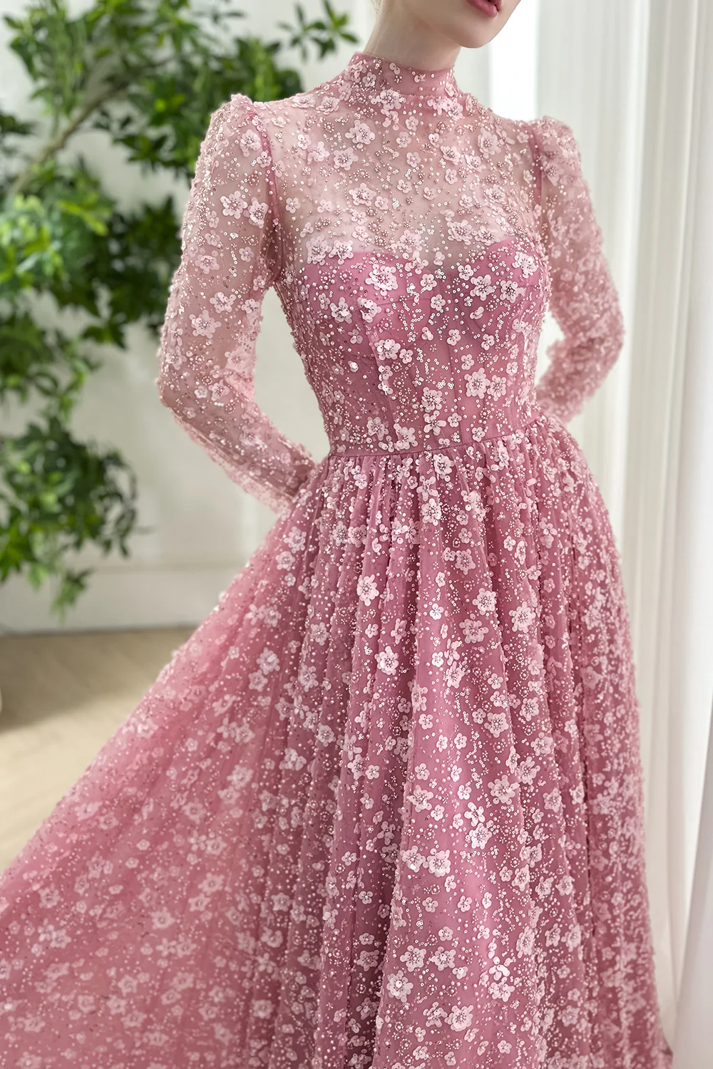 Romantic Pink Prom Dress High Neck Pink Floral Applique Tulle Gown Evening Party Dress BabaMila