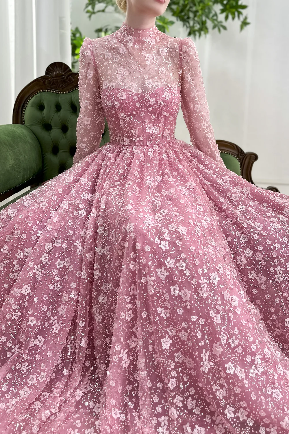 Romantic Pink Prom Dress High Neck Pink Floral Applique Tulle Gown Evening Party Dress BabaMila