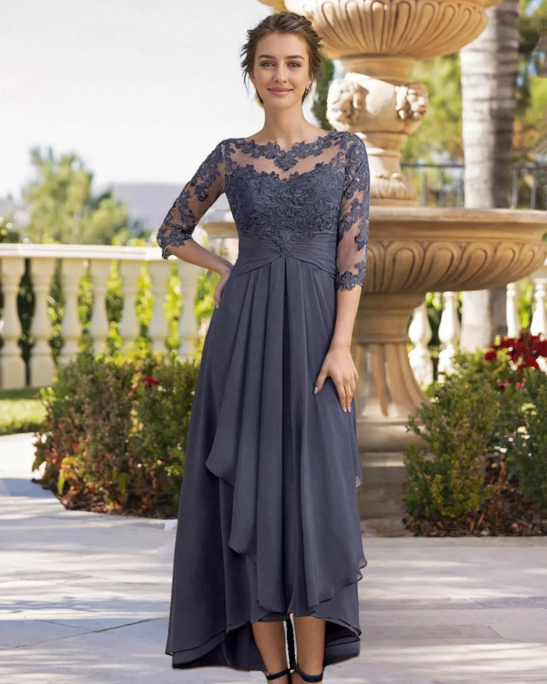 A-line Bateau 3/4 Sleeves Ruffles Asymmetrical Chiffon Lace Mother of the Bride Dress BabaMila