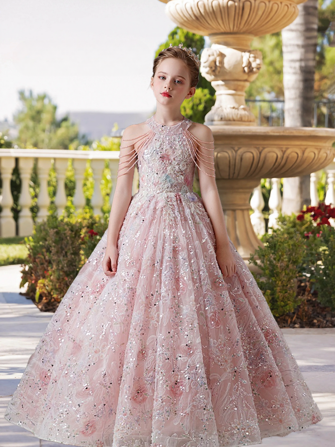 Halter Cold Shoulder Floor-Length Lace/Tulle/Sequins Ball Gown/Princess With Appliques/Beads Gidiondress Pink 12M