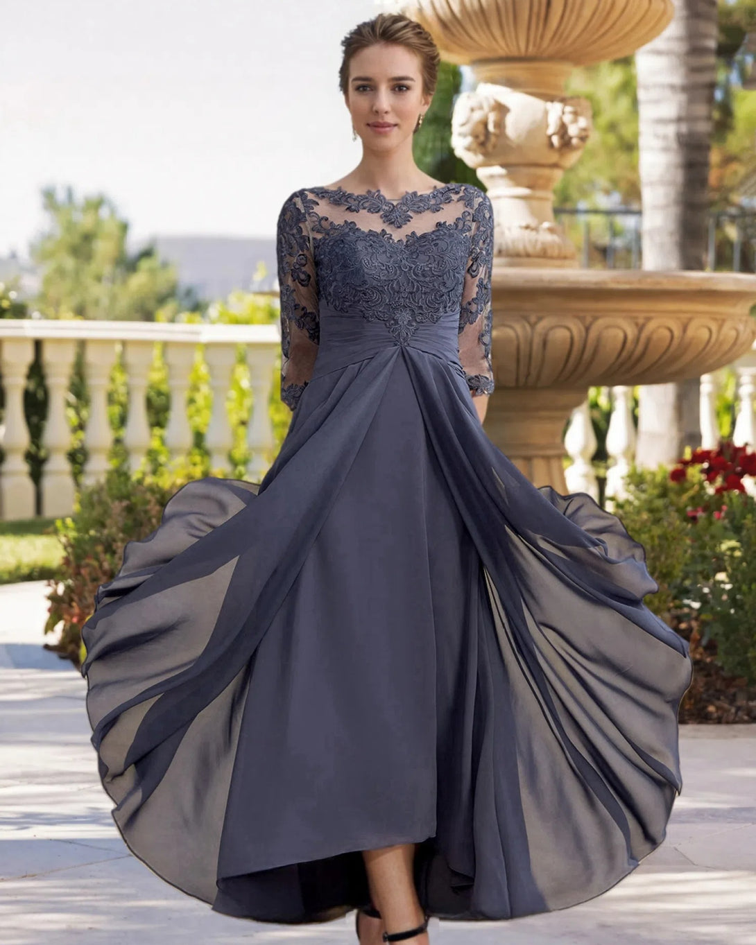 A-line Bateau 3/4 Sleeves Ruffles Asymmetrical Chiffon Lace Mother of the Bride Dress BabaMila