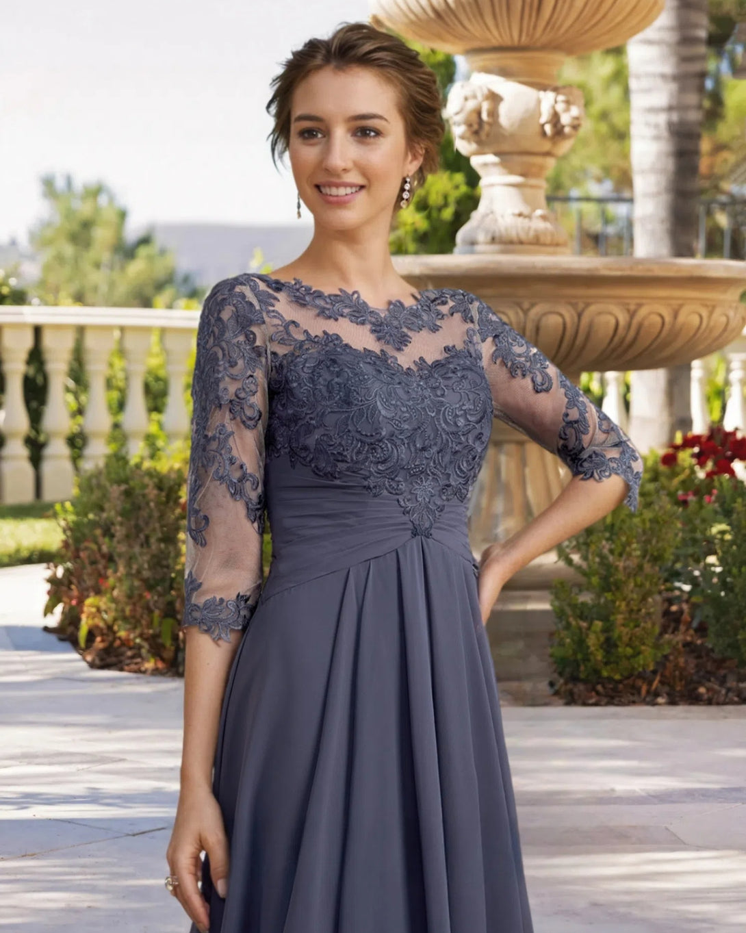 A-line Bateau 3/4 Sleeves Ruffles Asymmetrical Chiffon Lace Mother of the Bride Dress BabaMila
