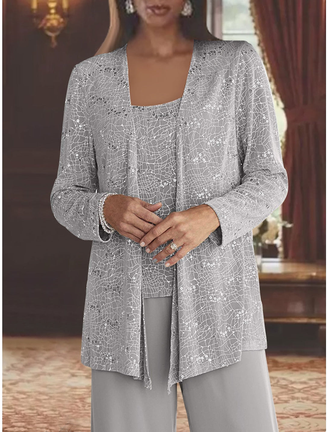 Chiffon Mother Of The Bride Pantsuits With Jacket & Sequins BabaMila