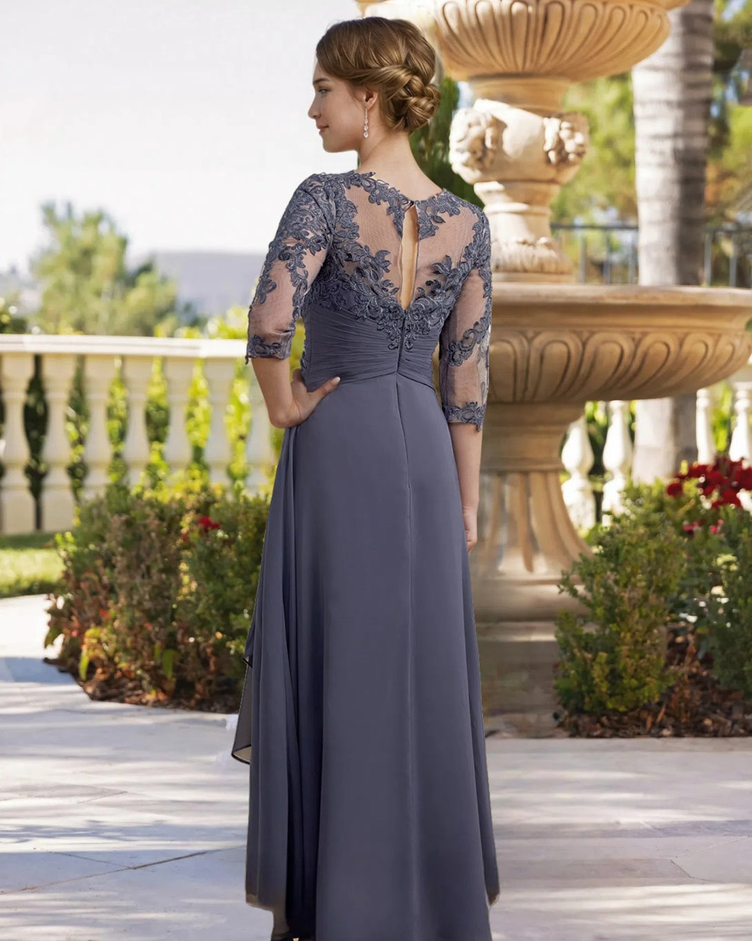 A-line Bateau 3/4 Sleeves Ruffles Asymmetrical Chiffon Lace Mother of the Bride Dress BabaMila