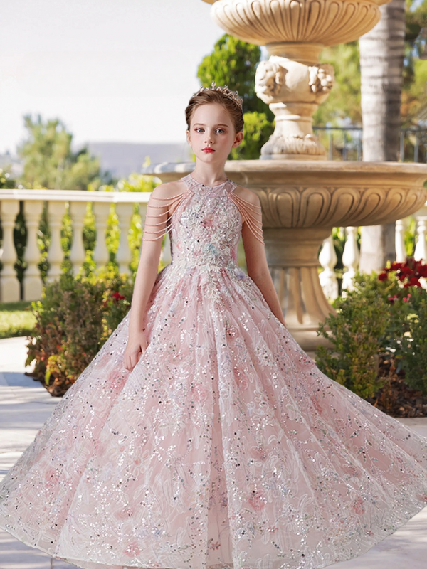 Halter Cold Shoulder Floor-Length Lace/Tulle/Sequins Ball Gown/Princess With Appliques/Beads Gidiondress