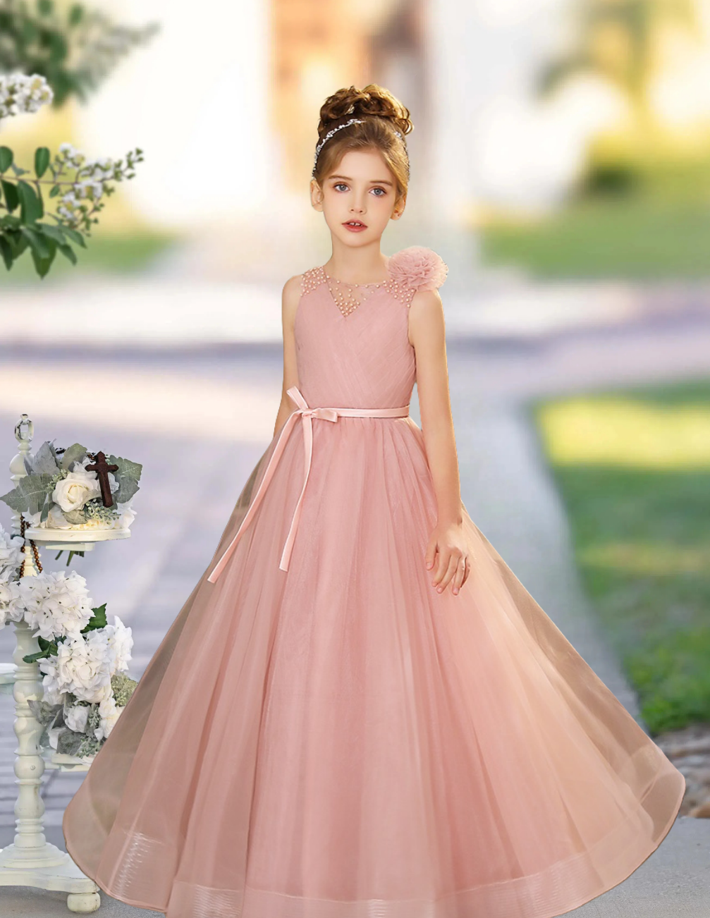 Girls Birthday Dresses Scoop Neck Sleeveless Floor-Length Tulle/Satin Ball Gown With Pleated/Ribbon/Beads/3D Flower Girls Gidiondress Dusty Rose 12M