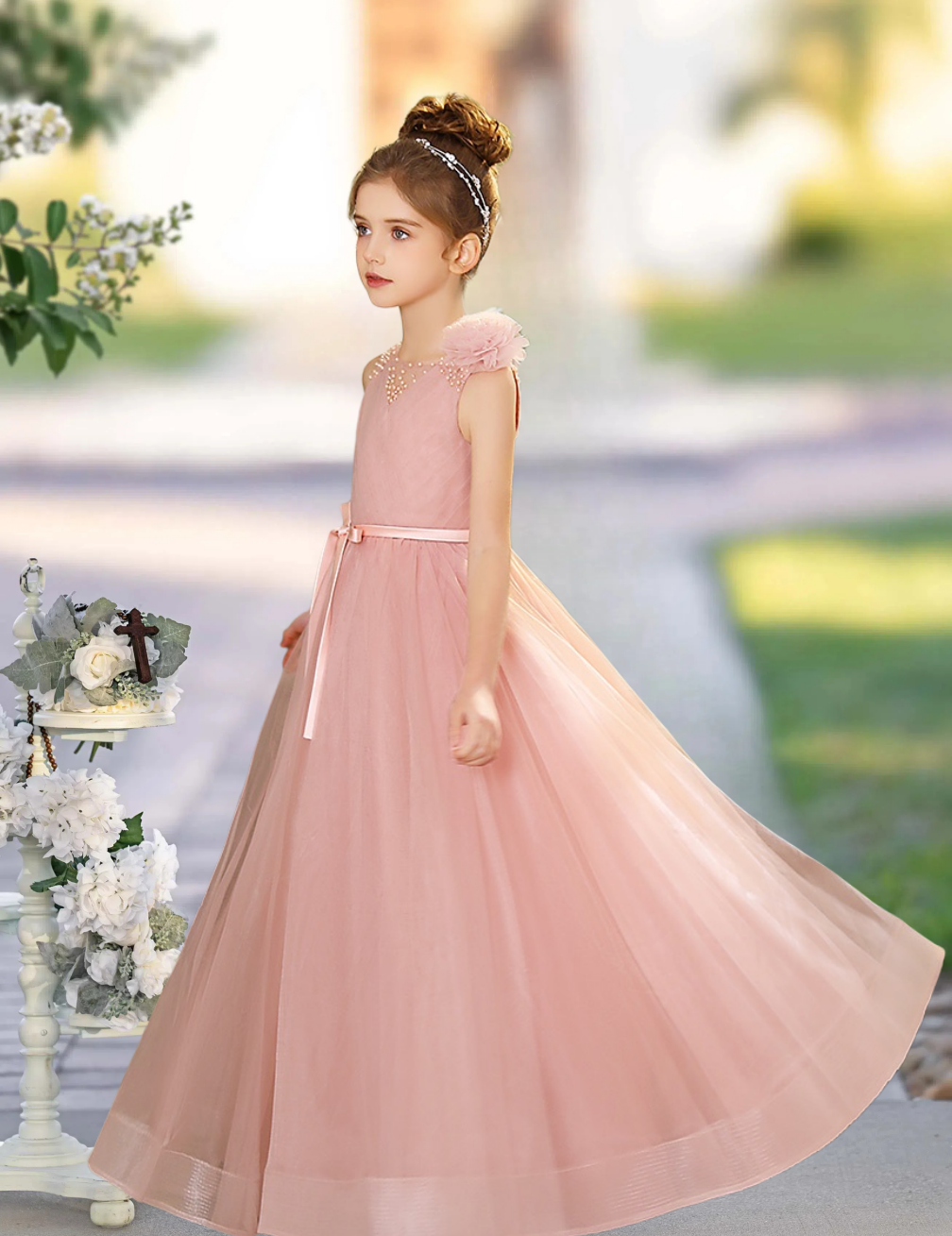 Girls Birthday Dresses Scoop Neck Sleeveless Floor-Length Tulle/Satin Ball Gown With Pleated/Ribbon/Beads/3D Flower Girls Gidiondress