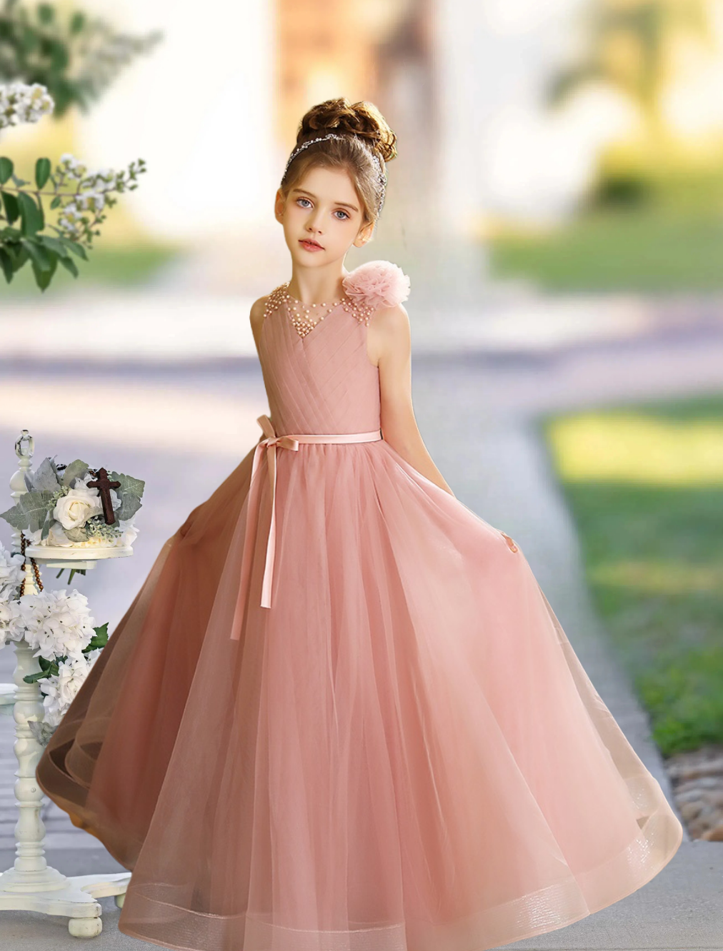Girls Birthday Dresses Scoop Neck Sleeveless Floor-Length Tulle/Satin Ball Gown With Pleated/Ribbon/Beads/3D Flower Girls Gidiondress
