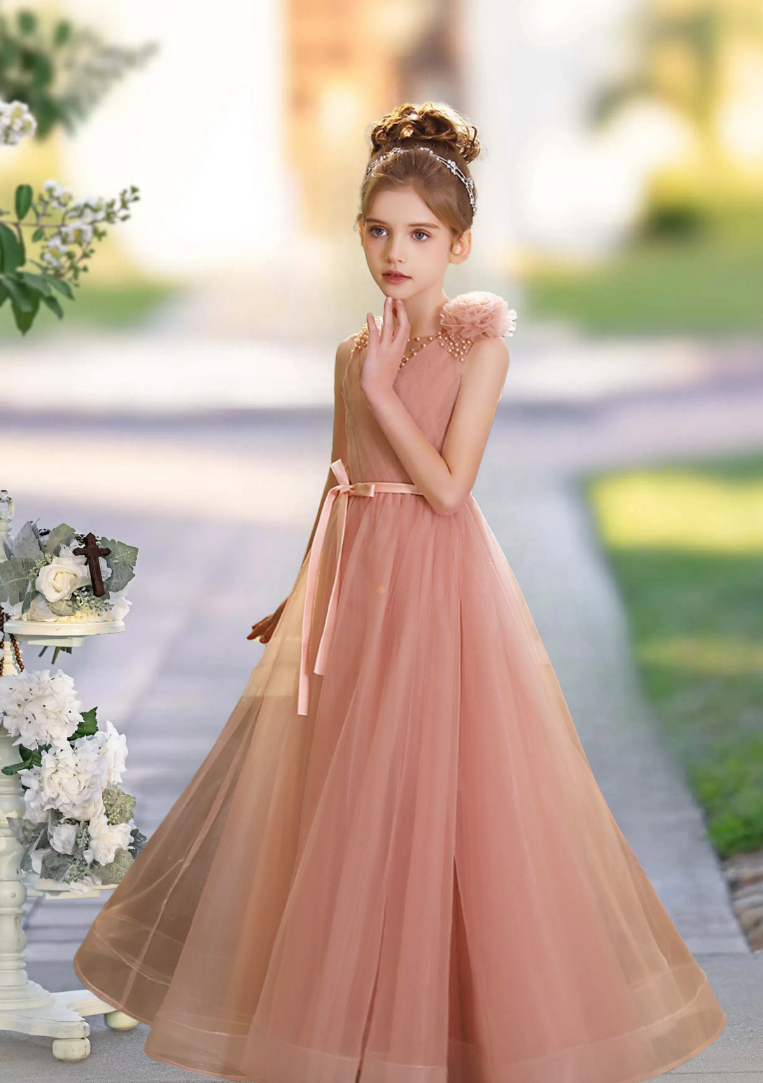 Girls Birthday Dresses Scoop Neck Sleeveless Floor-Length Tulle/Satin Ball Gown With Pleated/Ribbon/Beads/3D Flower Girls Gidiondress