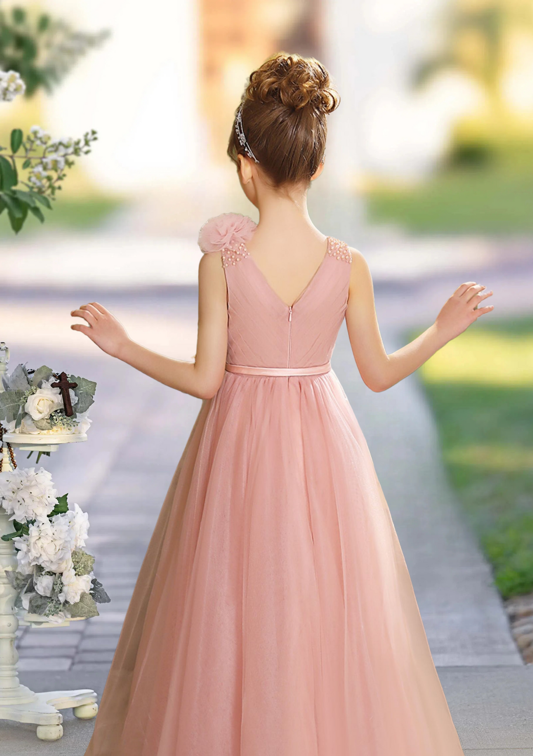 Girls Birthday Dresses Scoop Neck Sleeveless Floor-Length Tulle/Satin Ball Gown With Pleated/Ribbon/Beads/3D Flower Girls Gidiondress