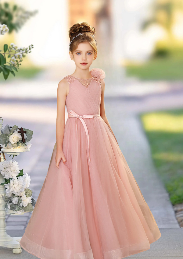 Girls Birthday Dresses Scoop Neck Sleeveless Floor-Length Tulle/Satin Ball Gown With Pleated/Ribbon/Beads/3D Flower Girls Gidiondress