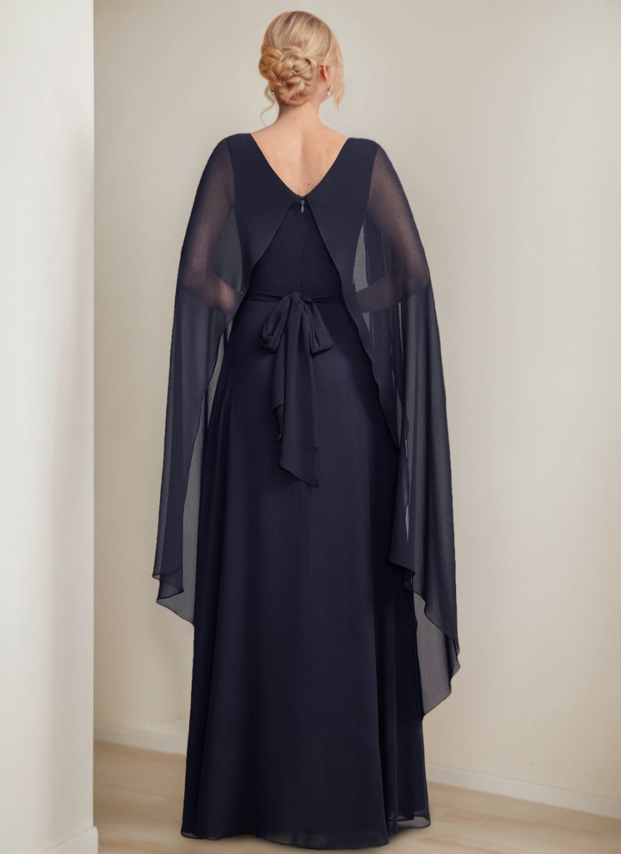 A-Line/Princess Scoop Floor-Length Cape Sleeves Mother Of The Bride Dresses With Bow & Ruffles BabaMila