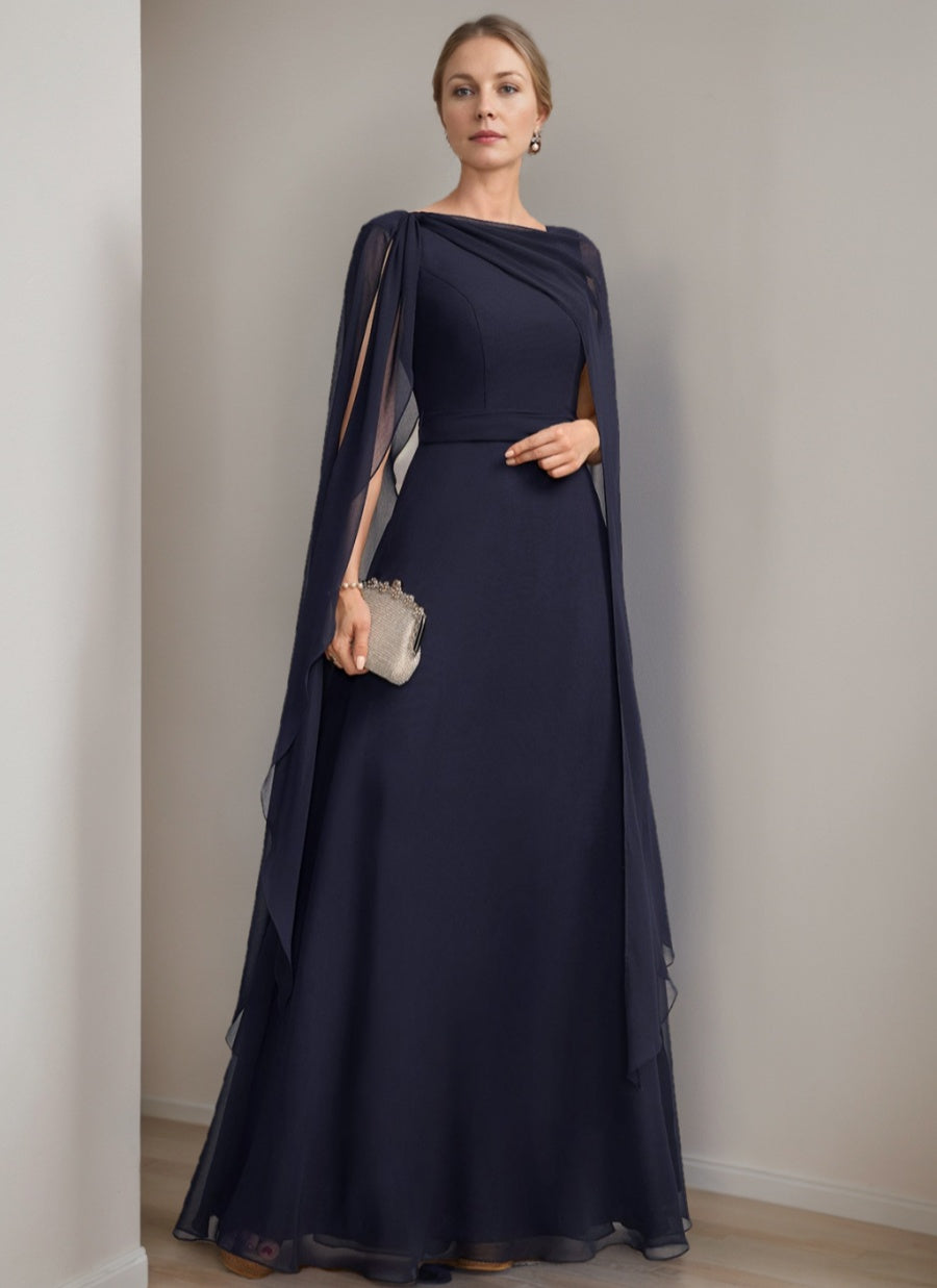 A-Line/Princess Scoop Floor-Length Cape Sleeves Mother Of The Bride Dresses With Bow & Ruffles BabaMila