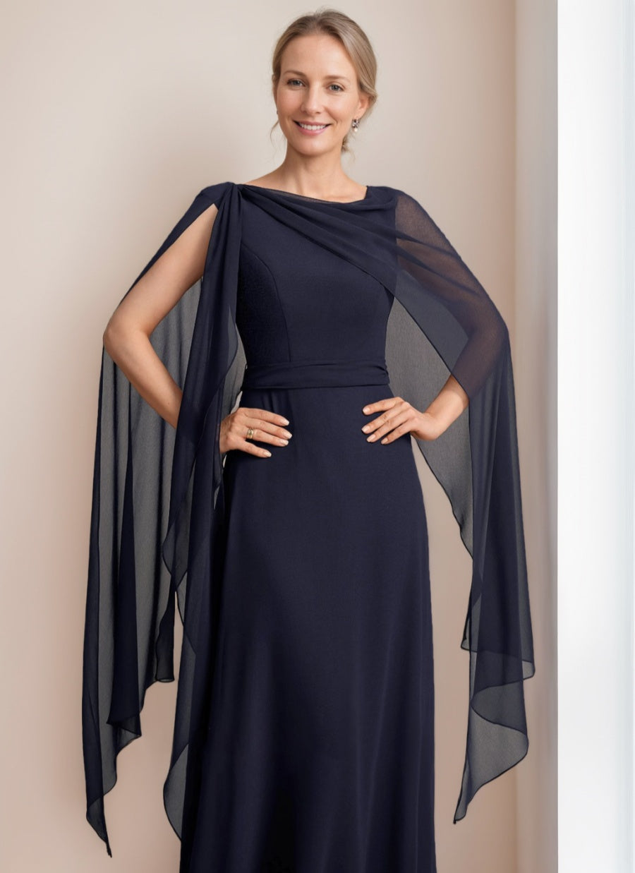 A-Line/Princess Scoop Floor-Length Cape Sleeves Mother Of The Bride Dresses With Bow & Ruffles BabaMila