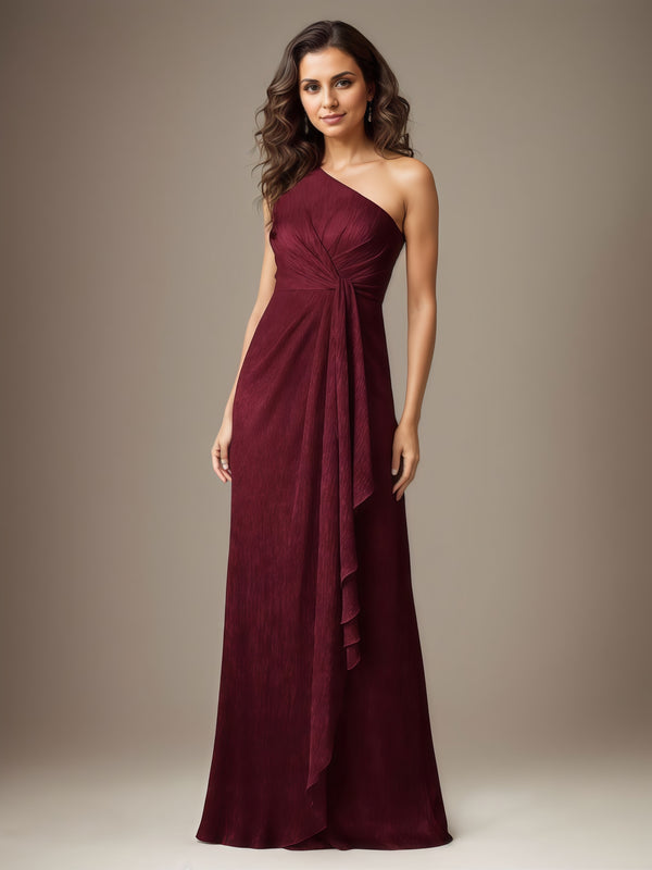 Sheath One-Shoulder Sleeveless Floor-Length Metallic Mesh Mother of the Bride Dress With Pleated/Cascading Ruffles BabaMila