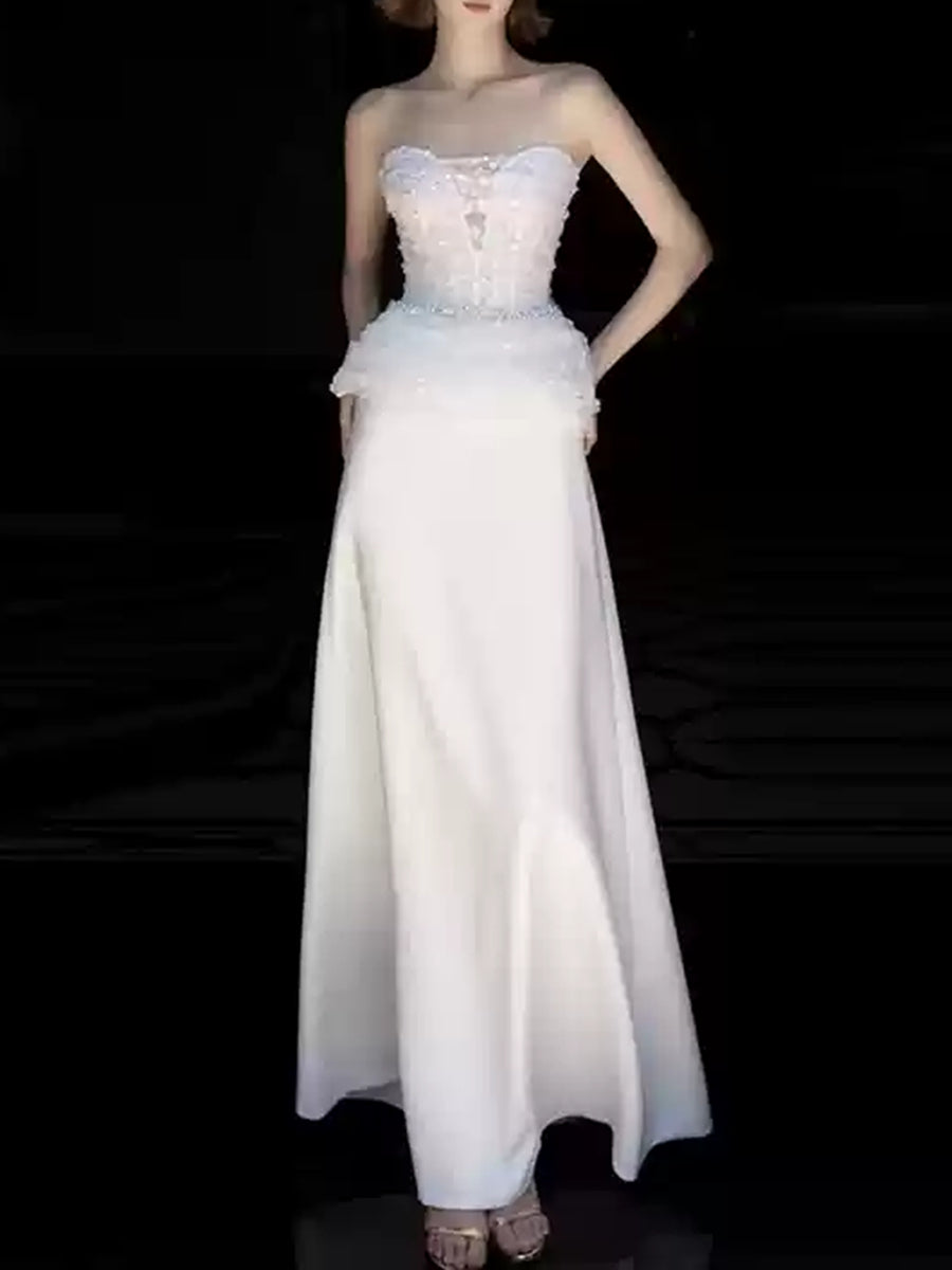 A-Line/Princess White Strapless Sleeveless Wedding Dresses with Lace Appliques BabaMila