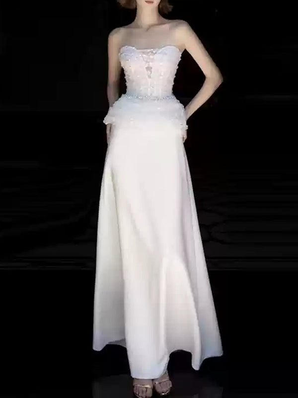 A-Line/Princess White Strapless Sleeveless Wedding Dresses with Lace Appliques BabaMila