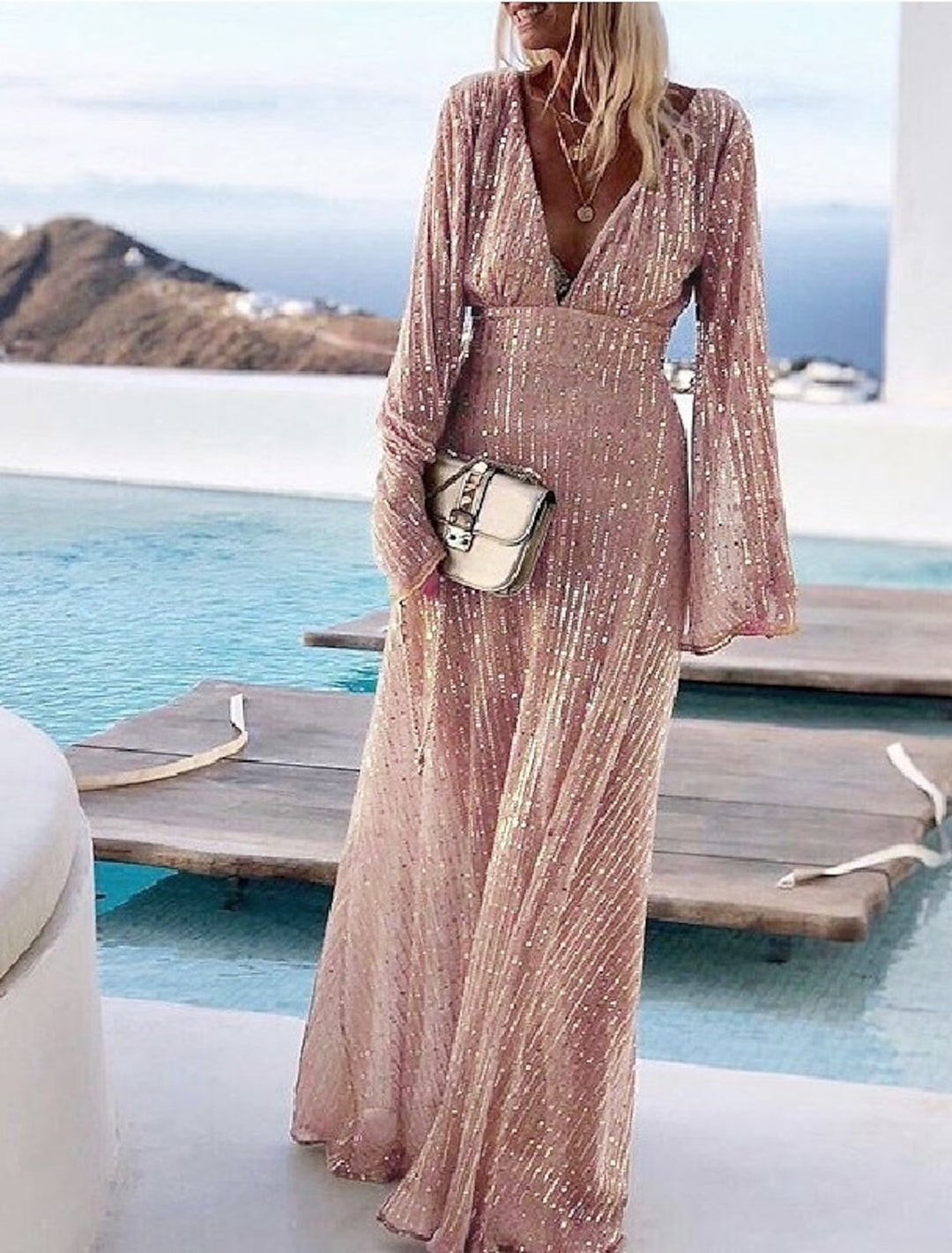 A-Line/Princess V-Neck Sequined Lace Long Sleeves Prom Evening Dresses with Sequins BabaMila