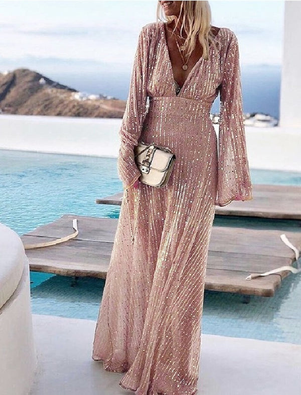A-Line/Princess V-Neck Sequined Lace Long Sleeves Prom Evening Dresses with Sequins BabaMila