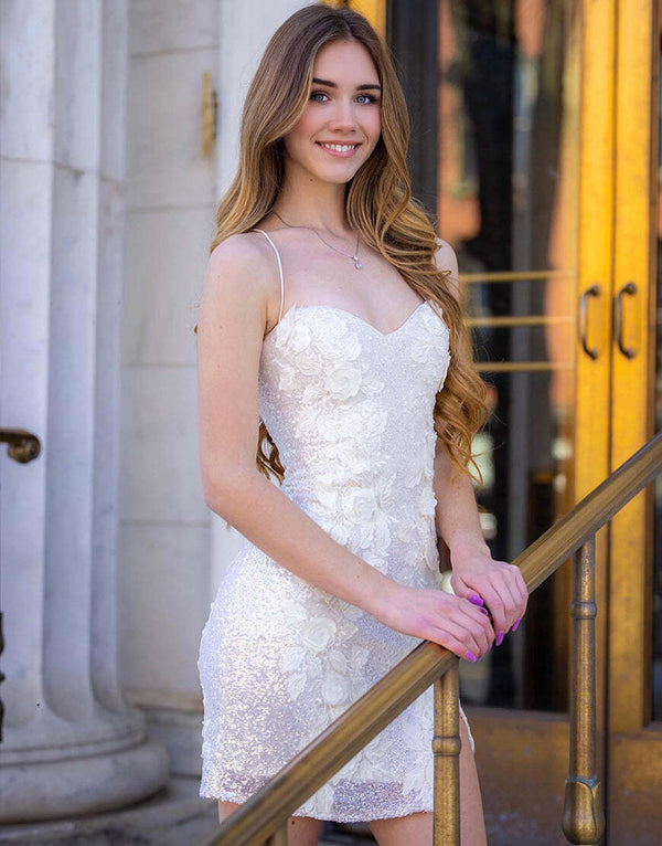 Sheath/Column Spaghetti Straps Sweetheart Sleeveless Appliques Homecoming Dresses with Split Side/Appliques BabaMila