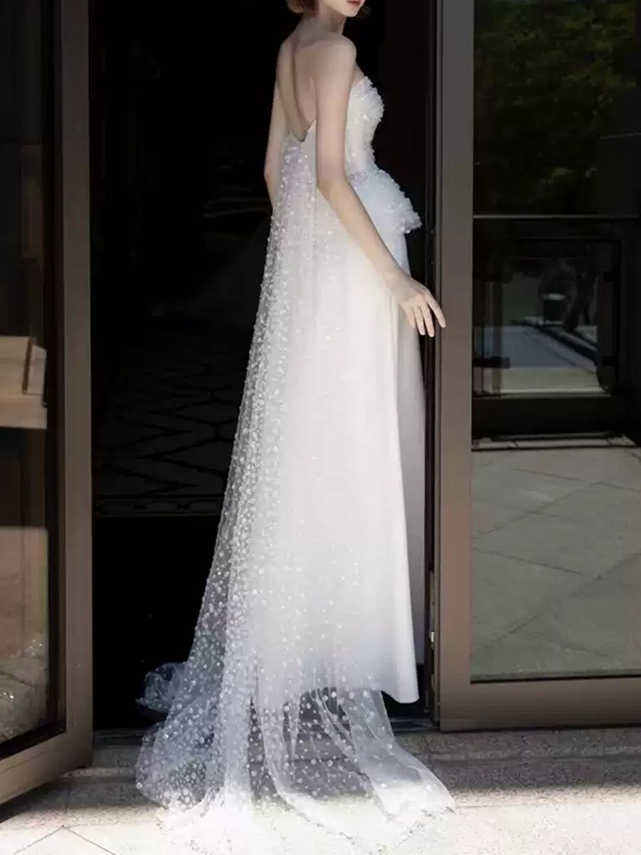A-Line/Princess White Strapless Sleeveless Wedding Dresses with Lace Appliques BabaMila