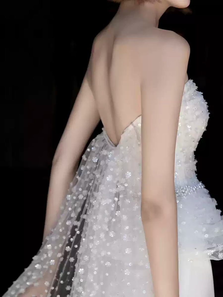 A-Line/Princess White Strapless Sleeveless Wedding Dresses with Lace Appliques BabaMila