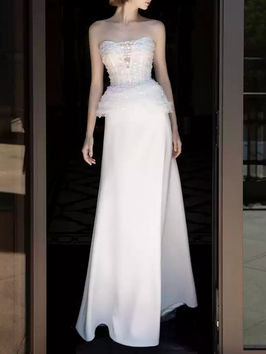 A-Line/Princess White Strapless Sleeveless Wedding Dresses with Lace Appliques BabaMila