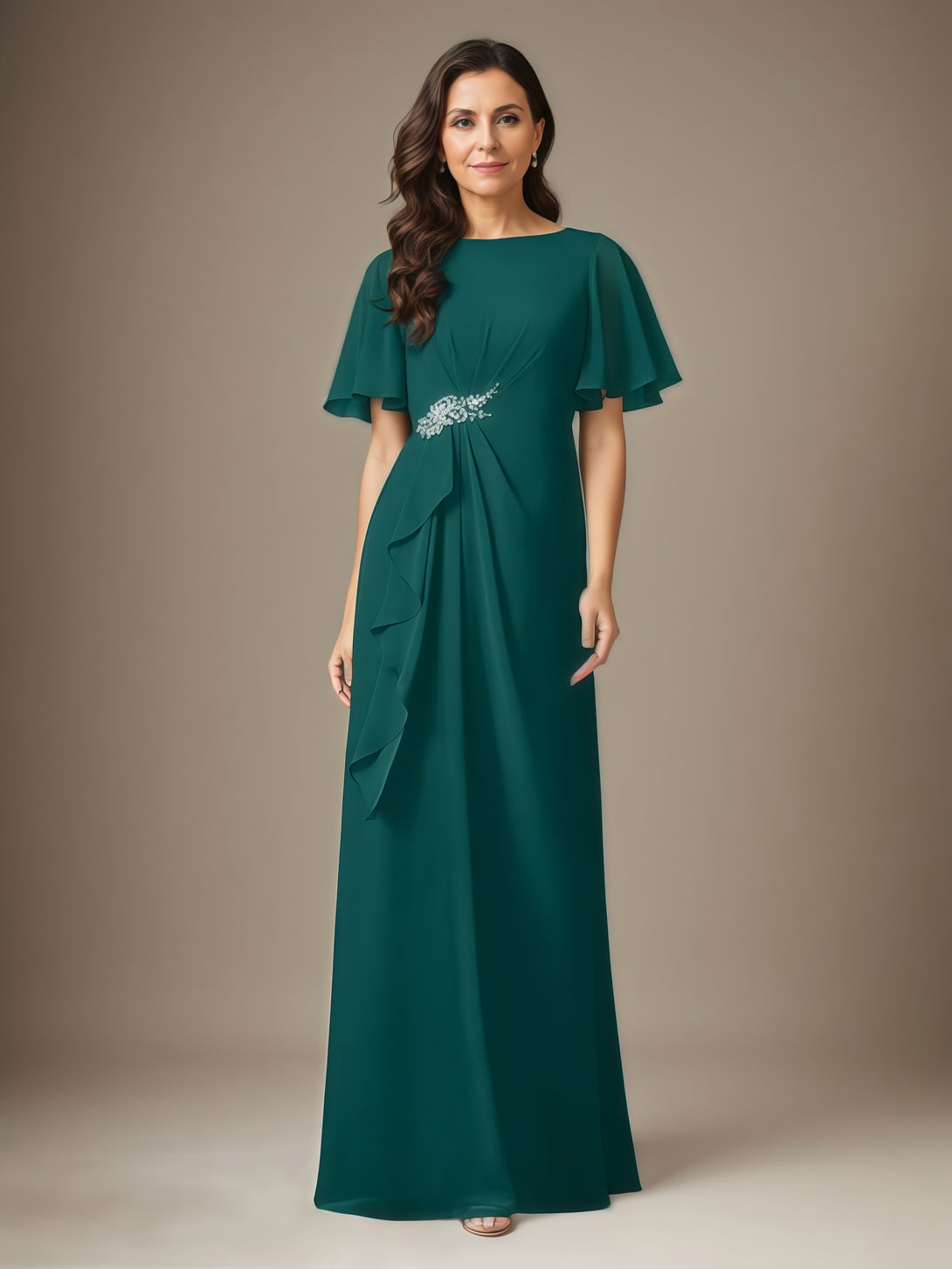 Sheath Boat Neck Flutter Straps Floor-Length Chiffon Mother of the Bride Dress With Pleated/Cascading Ruffles/Beads BabaMila