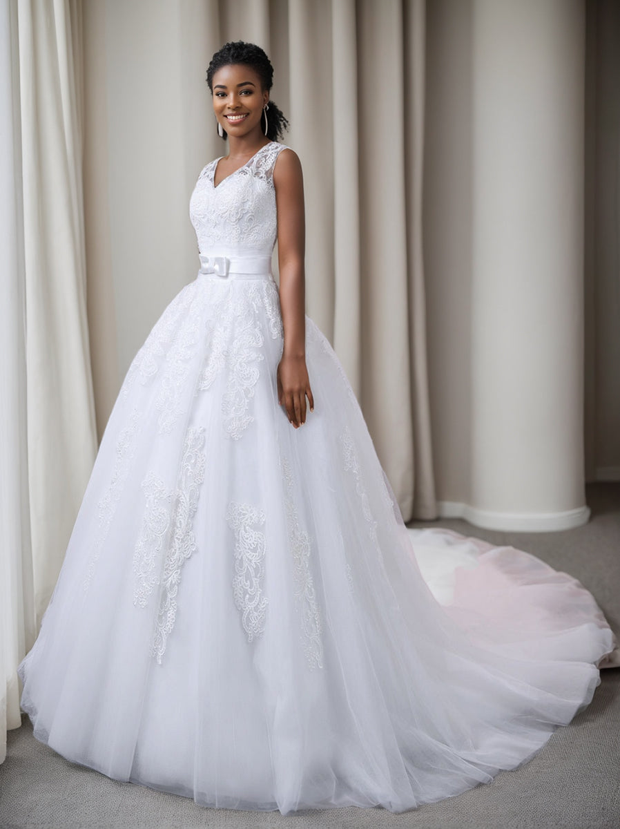 Ball Gown White V-Neck Sleeveless Wedding Dresses with Appliques & Bow Belt BabaMila