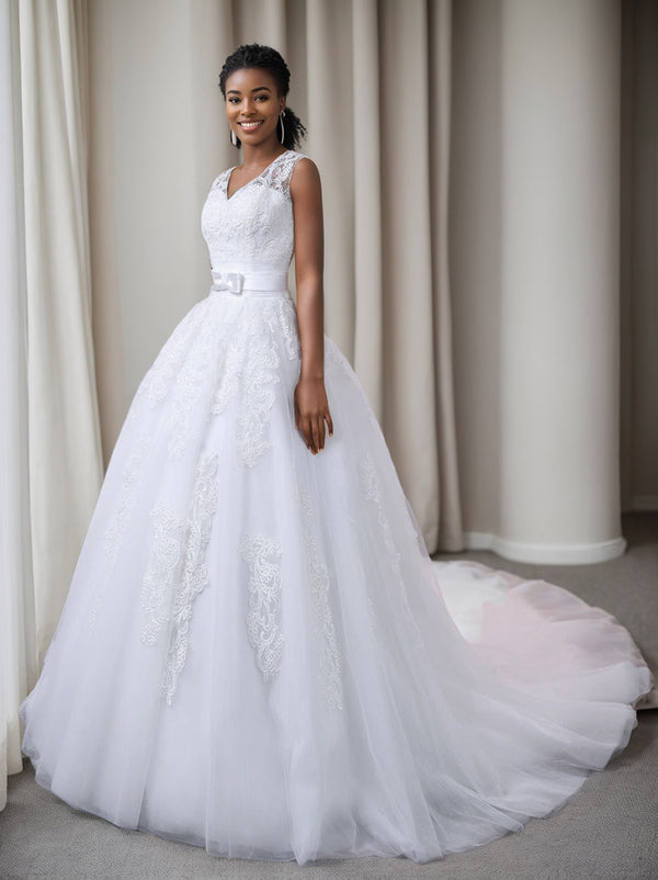 Ball Gown White V-Neck Sleeveless Wedding Dresses with Appliques & Bow Belt BabaMila
