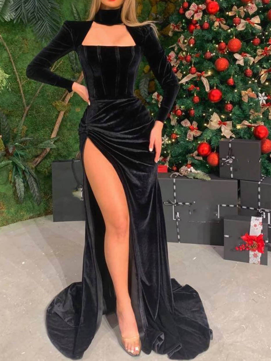 Sheath/Column Velvet High Neck Long Sleeves Long Dresses with Split Side BabaMila