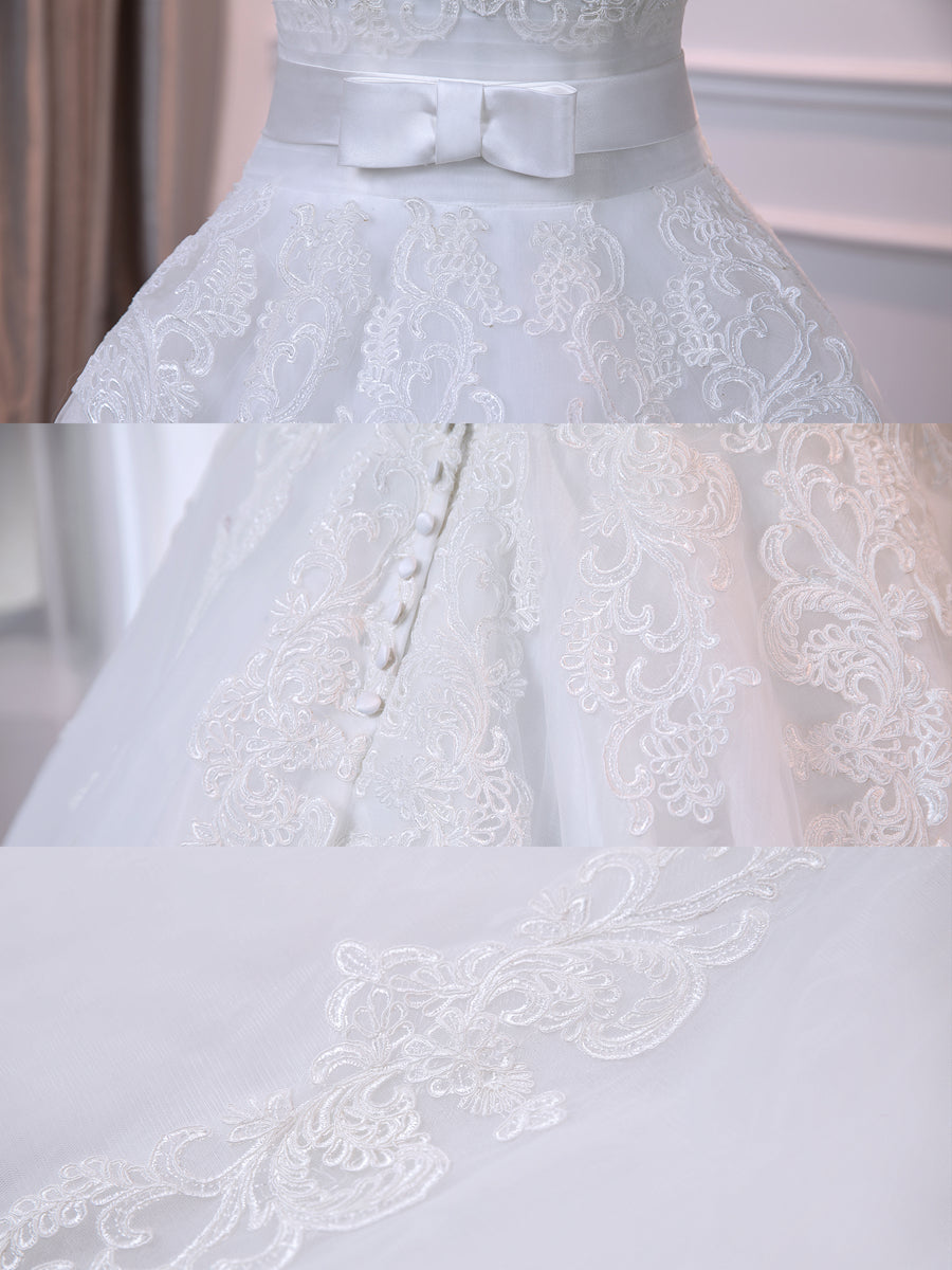 Ball Gown White V-Neck Sleeveless Wedding Dresses with Appliques & Bow Belt BabaMila