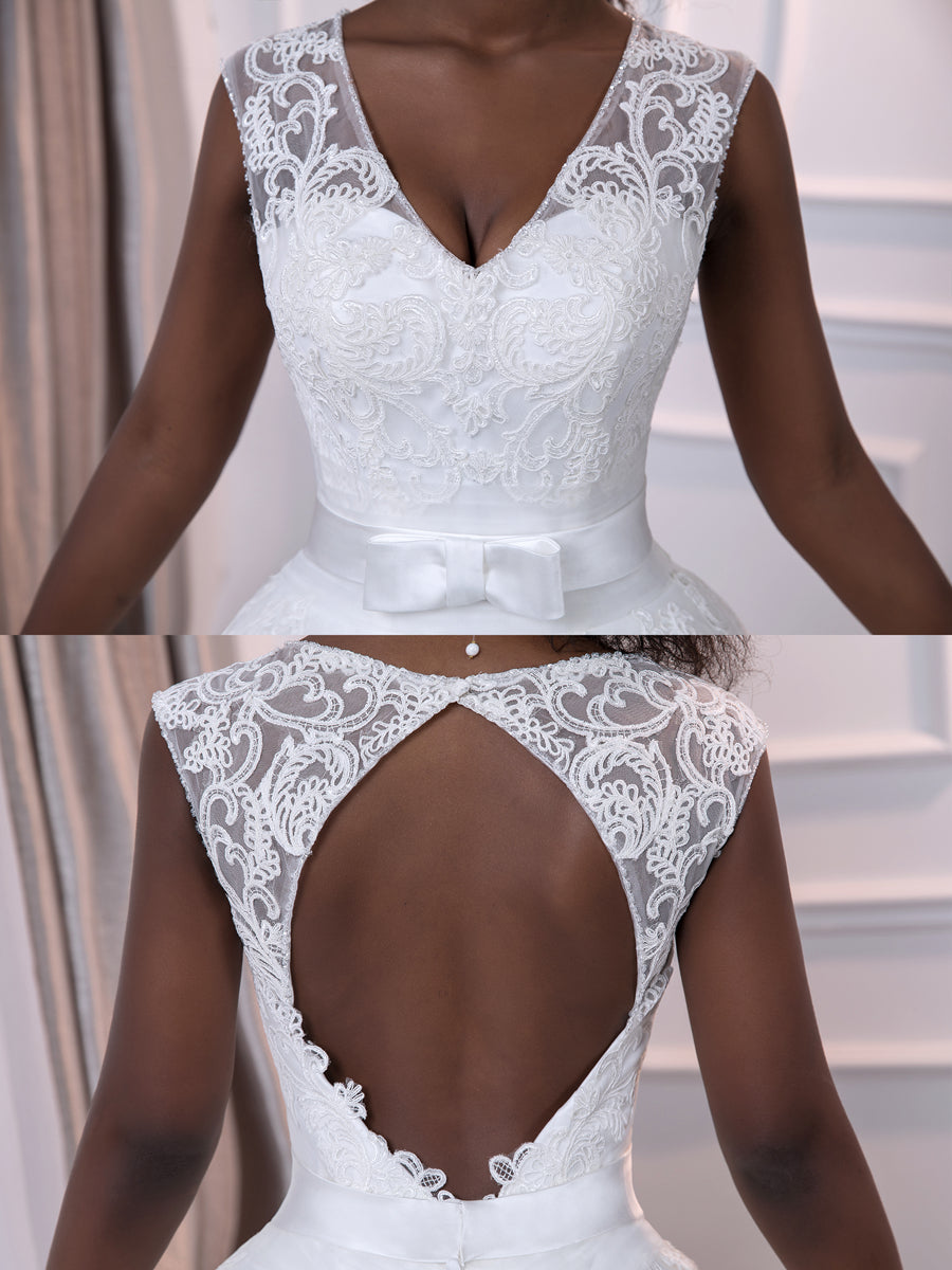 Ball Gown White V-Neck Sleeveless Wedding Dresses with Appliques & Bow Belt BabaMila