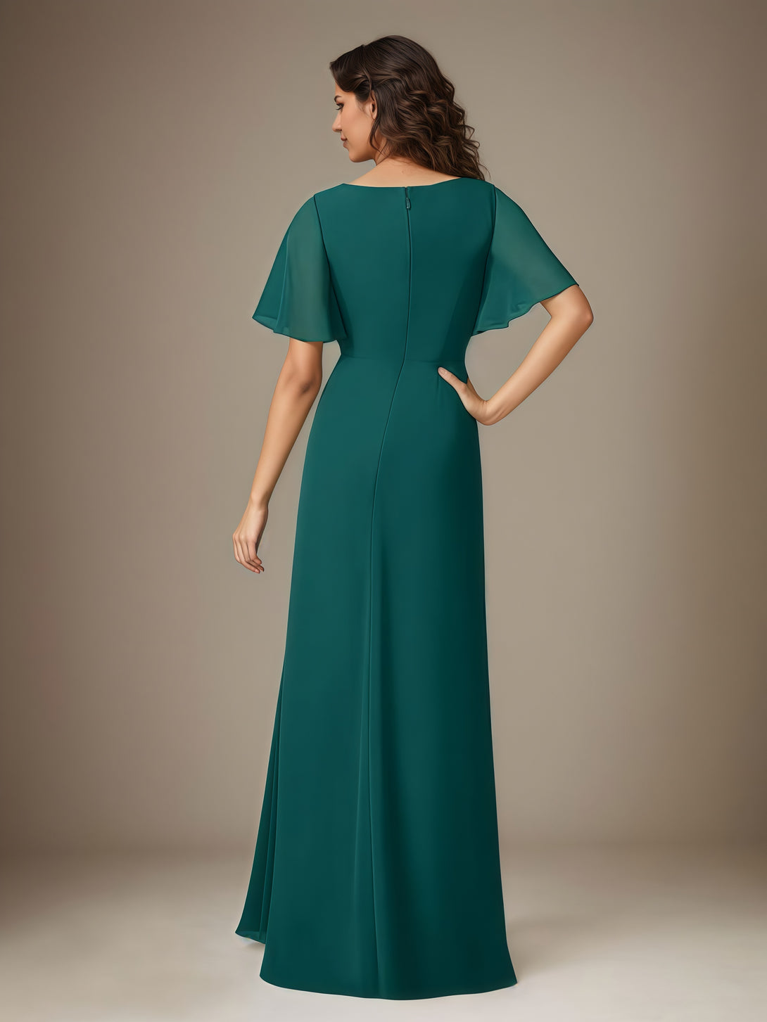 Sheath Boat Neck Flutter Straps Floor-Length Chiffon Mother of the Bride Dress With Pleated/Cascading Ruffles/Beads BabaMila