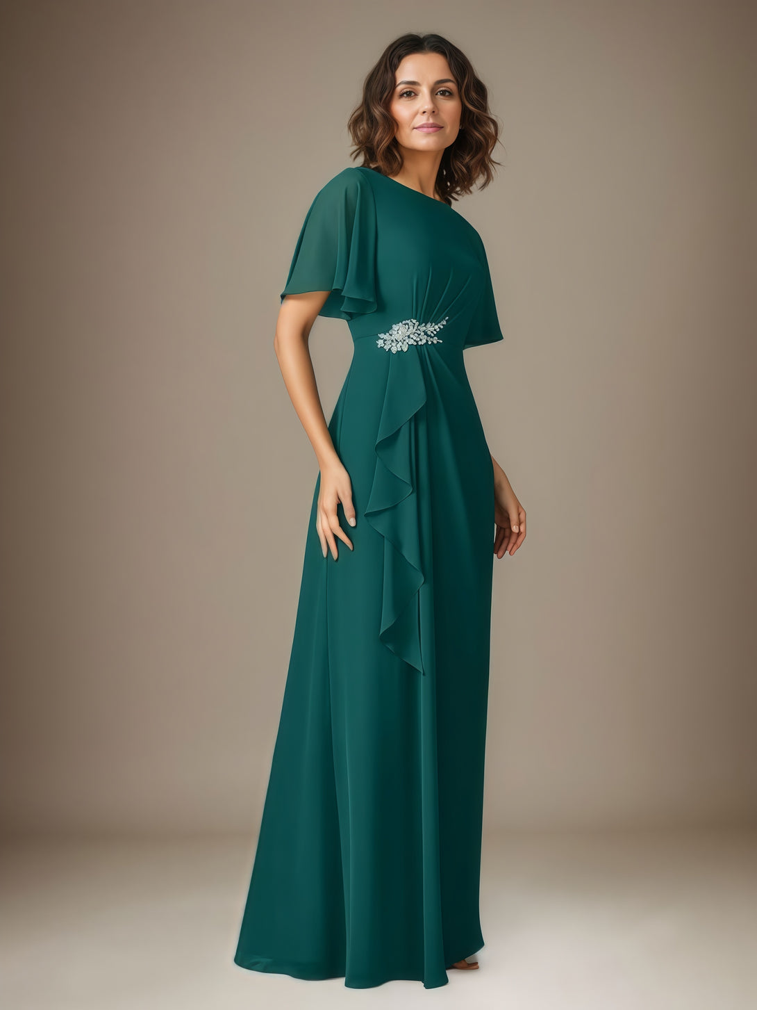 Sheath Boat Neck Flutter Straps Floor-Length Chiffon Mother of the Bride Dress With Pleated/Cascading Ruffles/Beads BabaMila