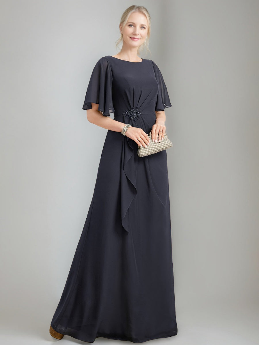 A-Line/Princess Jewel Neck Ruched Floor-Length Mother Of The Bride Dresses With Ruffles & Crystals & Beads BabaMila