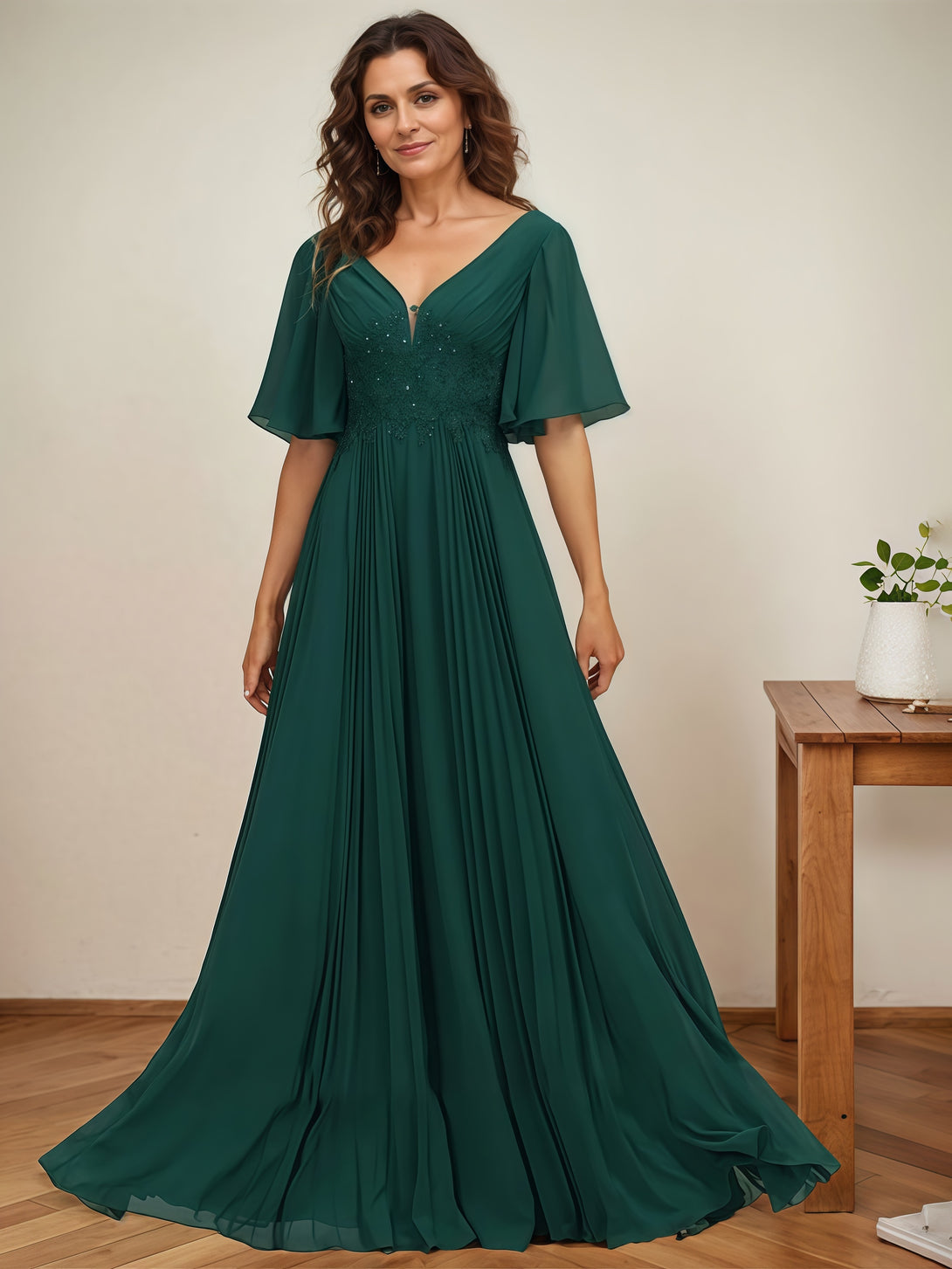A-Line V-Neck Flutter Straps Floor-Length Chiffon Mother of the Bride Dress With Pleated/Appliques BabaMila