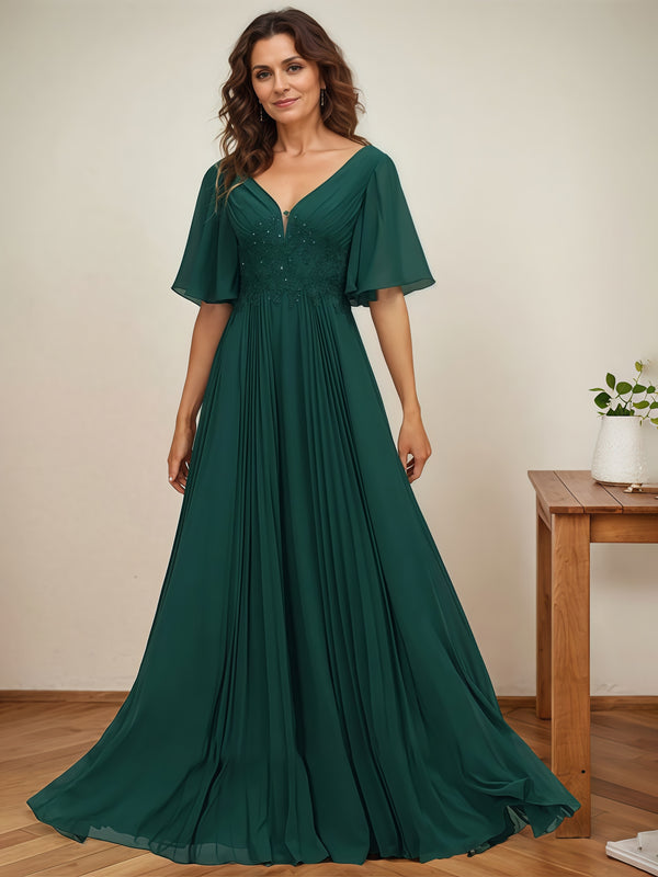 A-Line V-Neck Flutter Straps Floor-Length Chiffon Mother of the Bride Dress With Pleated/Appliques BabaMila