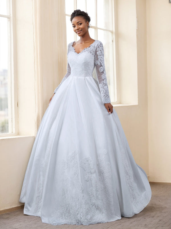Ball Gown White V-Neck Long Sleeves Wedding Dresses with Appliques BabaMila