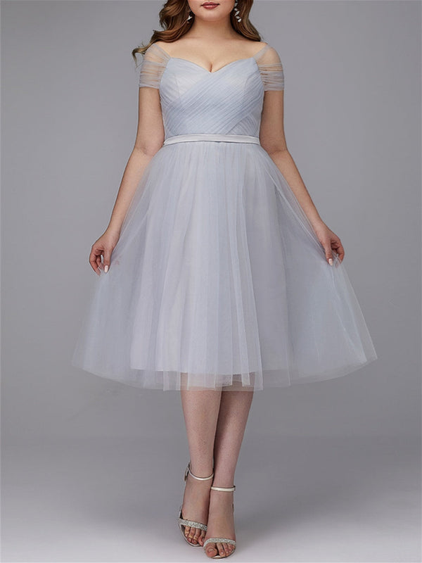 A-Line/Princess Off-the-Shoulder Tea-Length Tulle Prom Dresses With Pleated BabaMila