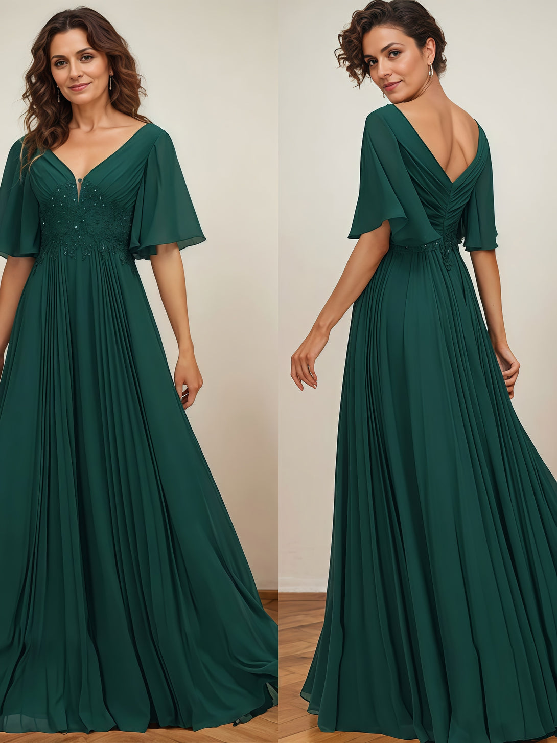 A-Line V-Neck Flutter Straps Floor-Length Chiffon Mother of the Bride Dress With Pleated/Appliques BabaMila