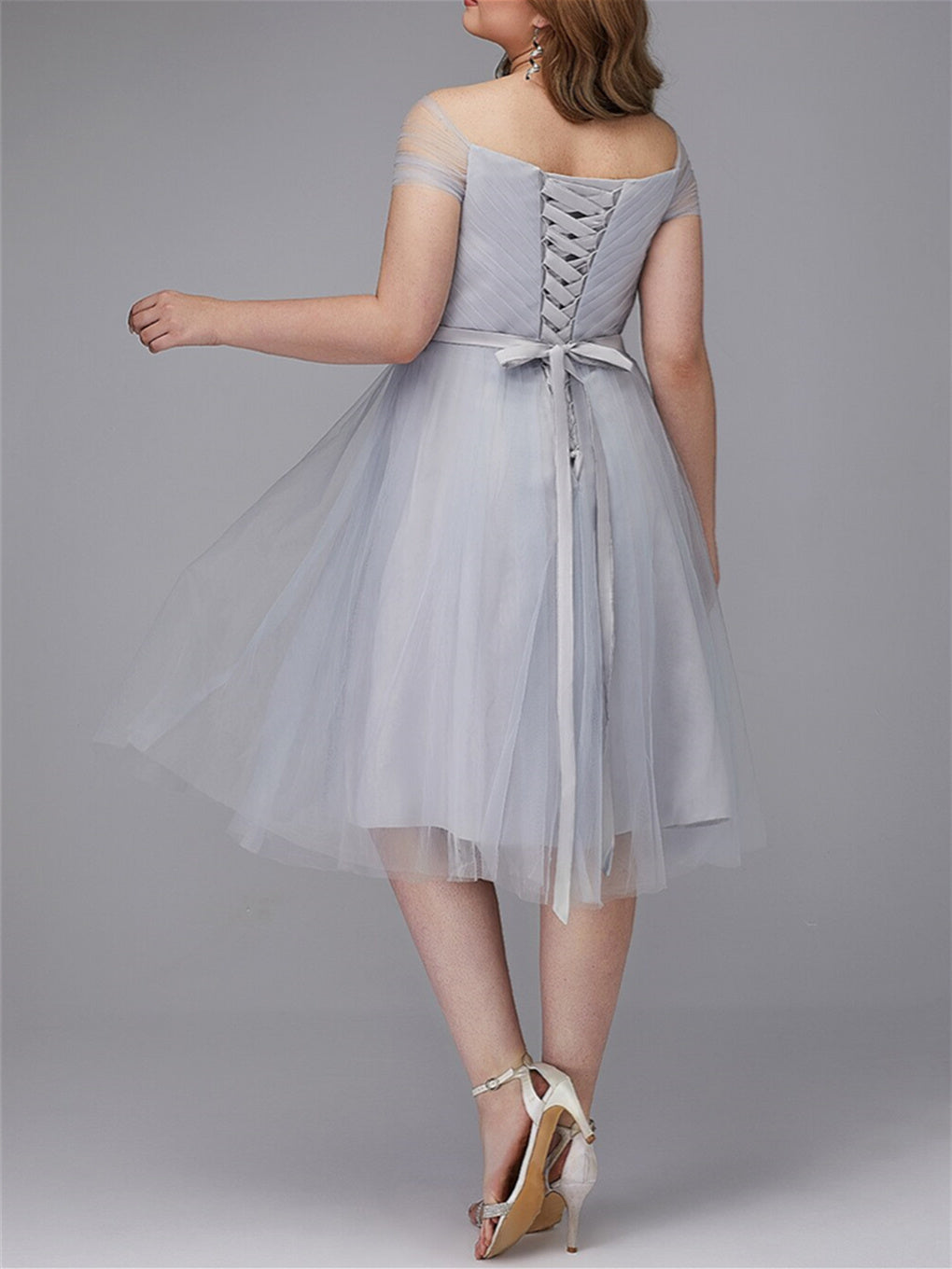 A-Line/Princess Off-the-Shoulder Tea-Length Tulle Prom Dresses With Pleated BabaMila