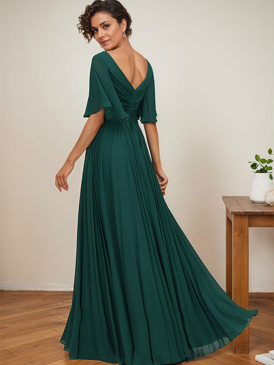 A-Line V-Neck Flutter Straps Floor-Length Chiffon Mother of the Bride Dress With Pleated/Appliques BabaMila