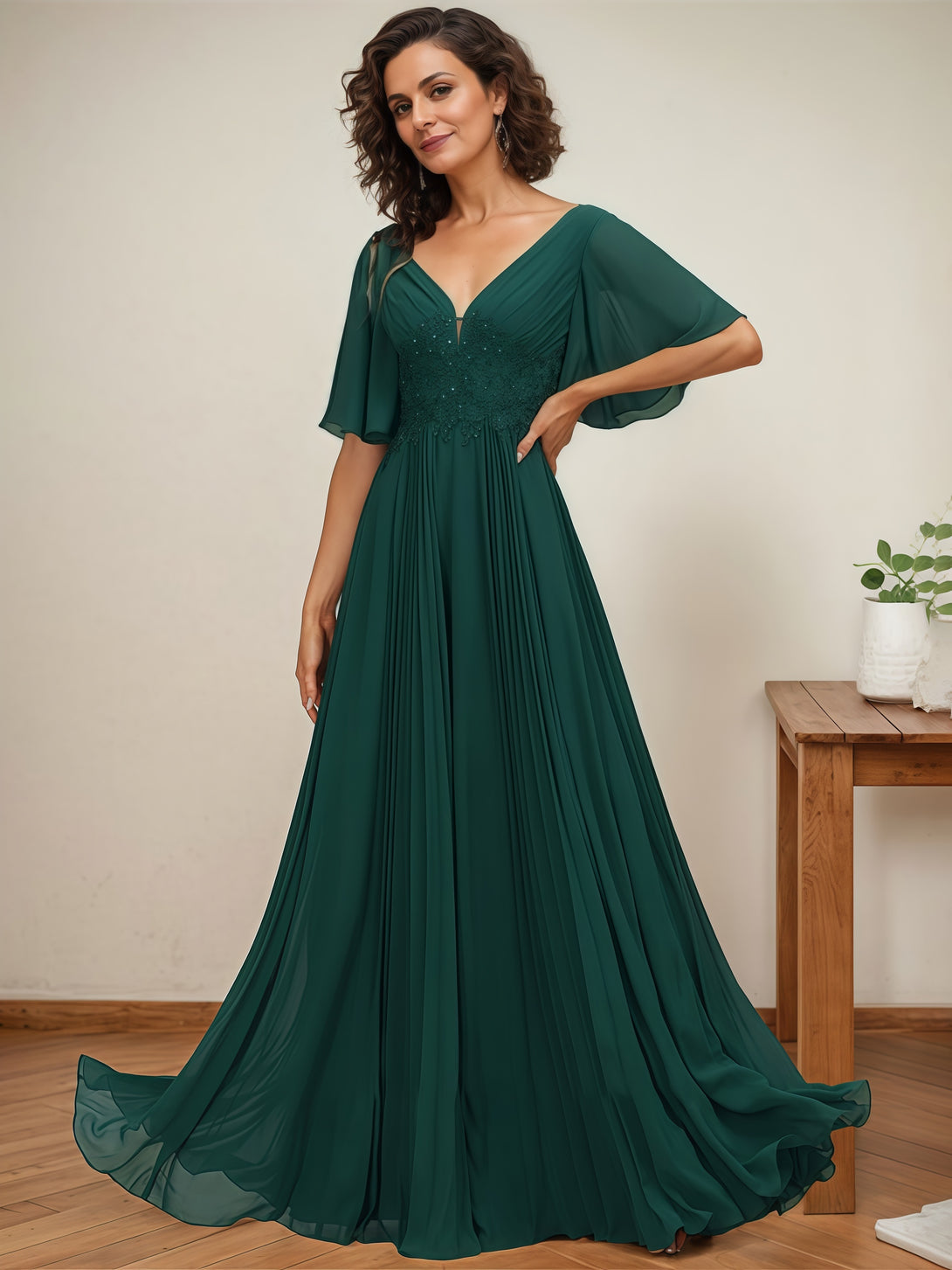 A-Line V-Neck Flutter Straps Floor-Length Chiffon Mother of the Bride Dress With Pleated/Appliques BabaMila