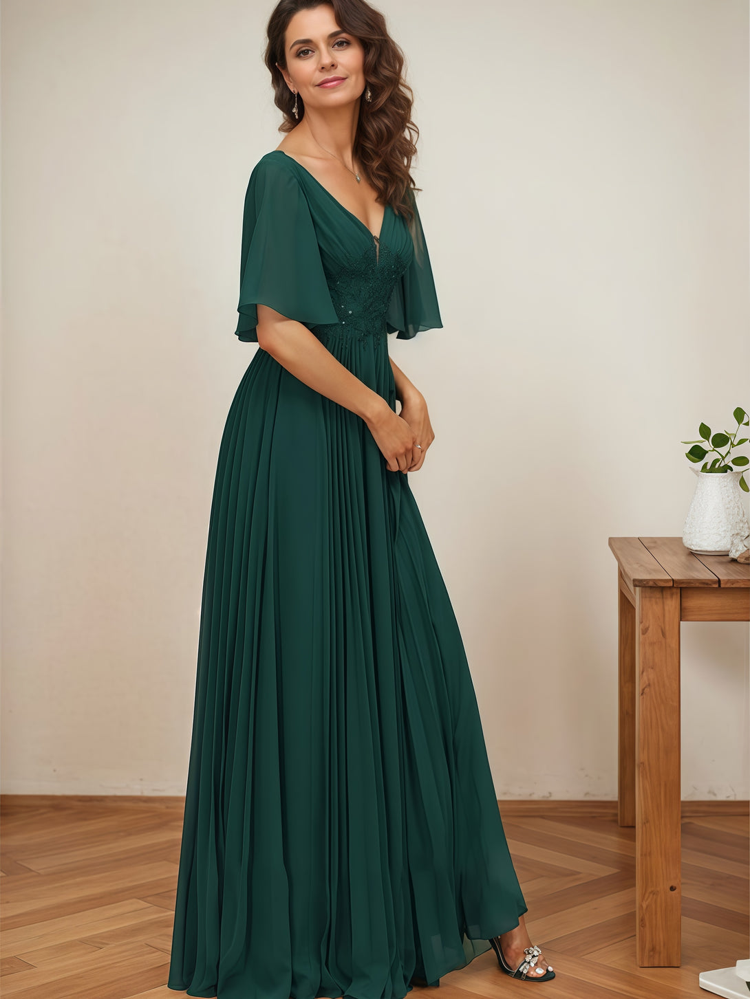 A-Line V-Neck Flutter Straps Floor-Length Chiffon Mother of the Bride Dress With Pleated/Appliques BabaMila